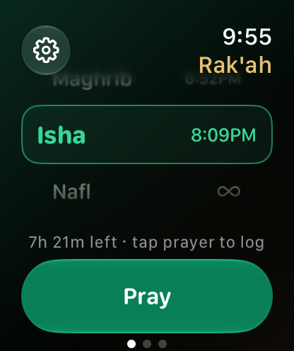 Rak’ah on Apple Watch Series 12 showing Isha’s prayer time and the Pray button