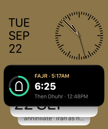 The user-arranged Smart Stack with one fully visible Next Prayer card